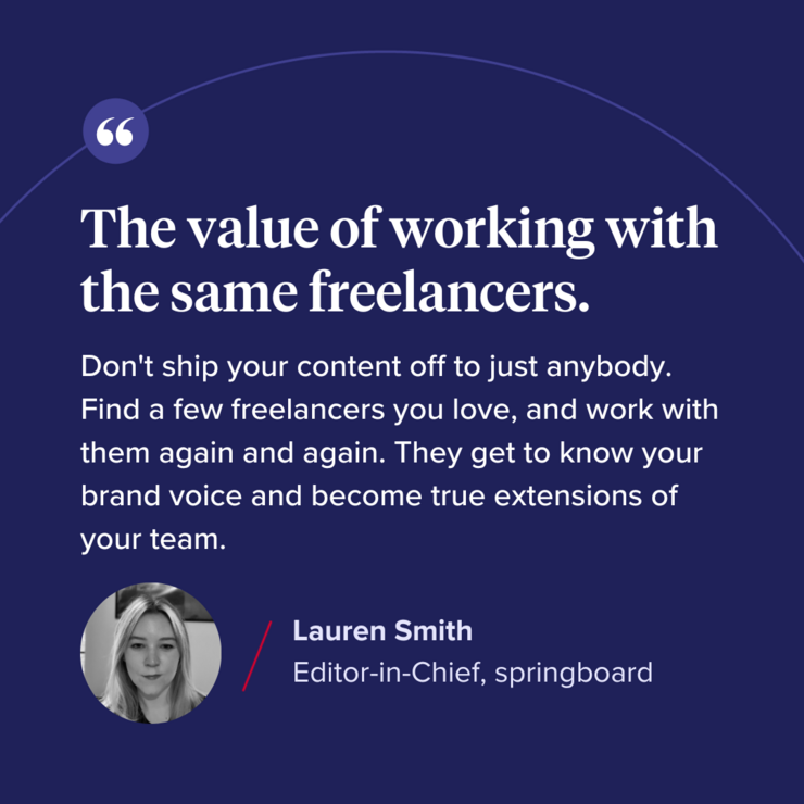 “The value of working with the same freelancers. Don’t ship your content off to just anybody. Find a few freelancers you love, and work with them again and again. They get to know your brand voice and become true extensions of your team.” 